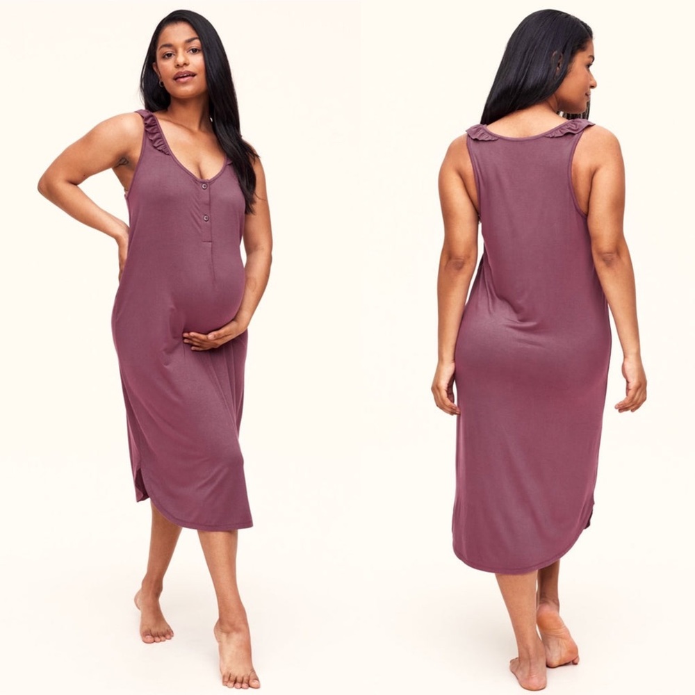 Belabumbum Colette Maternity Nursing Midi Dress Ruffle Accent Plum Size Large